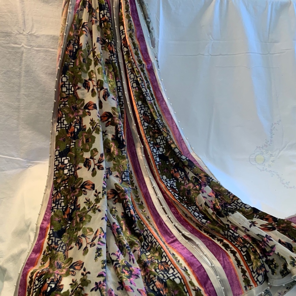 Floral Velvet Stripe Wrap Scarf in Purple and Green